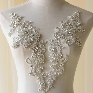 Sparkling Rhinestone Applique Heavy Beads Motif Diamante Crystal Lace Patch Craft Sewing on Bridal Wedding Dress (1 Pair)