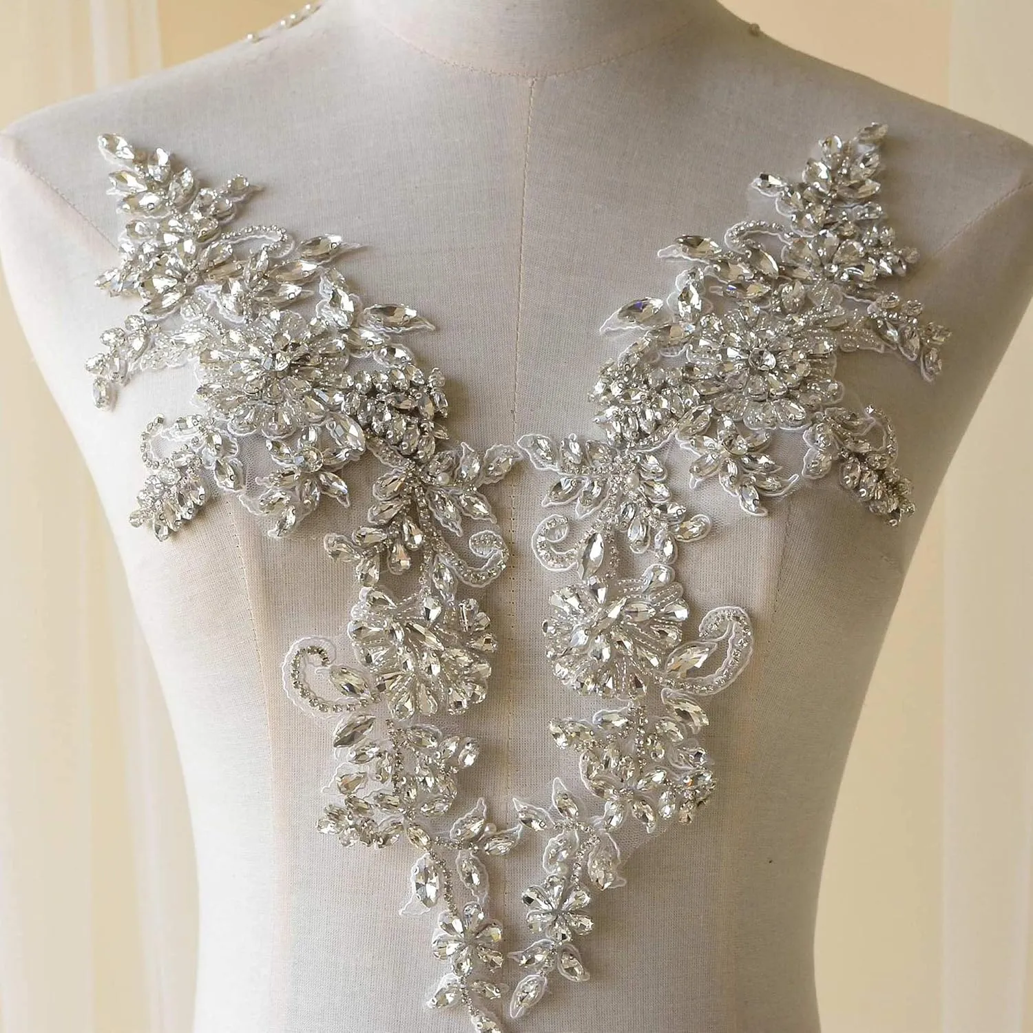 Sparkling Rhinestone Applique Heavy Beads Motif Diamante Crystal Lace Patch Craft Sewing on Bridal Wedding Dress (1 Pair)