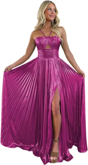 Sparkly Metallic Prom Dresses with Slit A Line Keyhole Satin Long Formal Party Dress for Women RO123