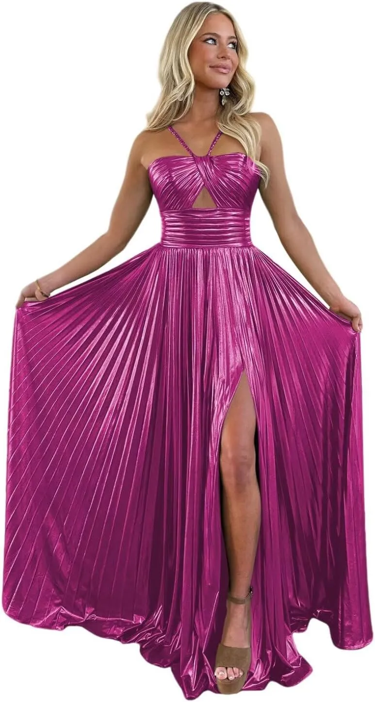 Sparkly Metallic Prom Dresses with Slit A Line Keyhole Satin Long Formal Party Dress for Women RO123