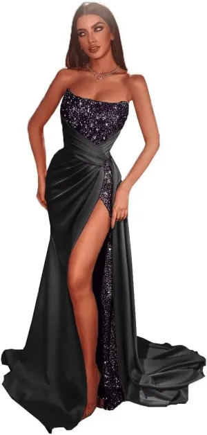 Sparkly Sequins Prom Dresses 2025 Mermaid Bridesmaid Dress with Slit Tube Satin Evening Formal Gown with Train DR0080