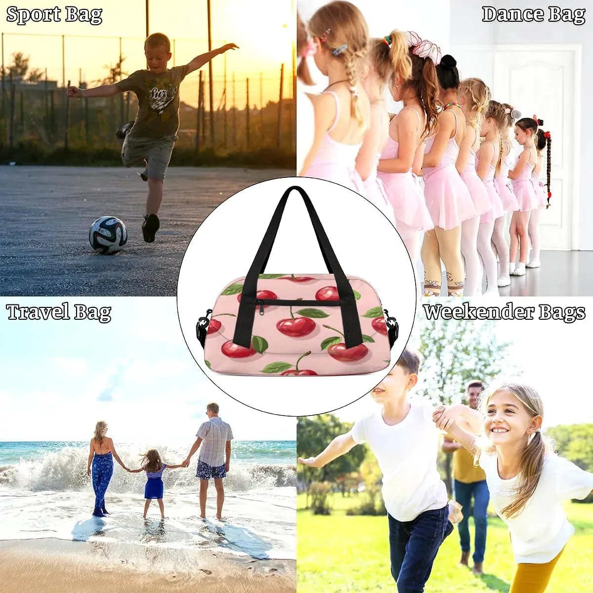 Sport Duffel Bag Cherry Theme Kids Gym Bag Weekender Overnight Bags for Boys Girls Teens Carry On Workout Travel Bag