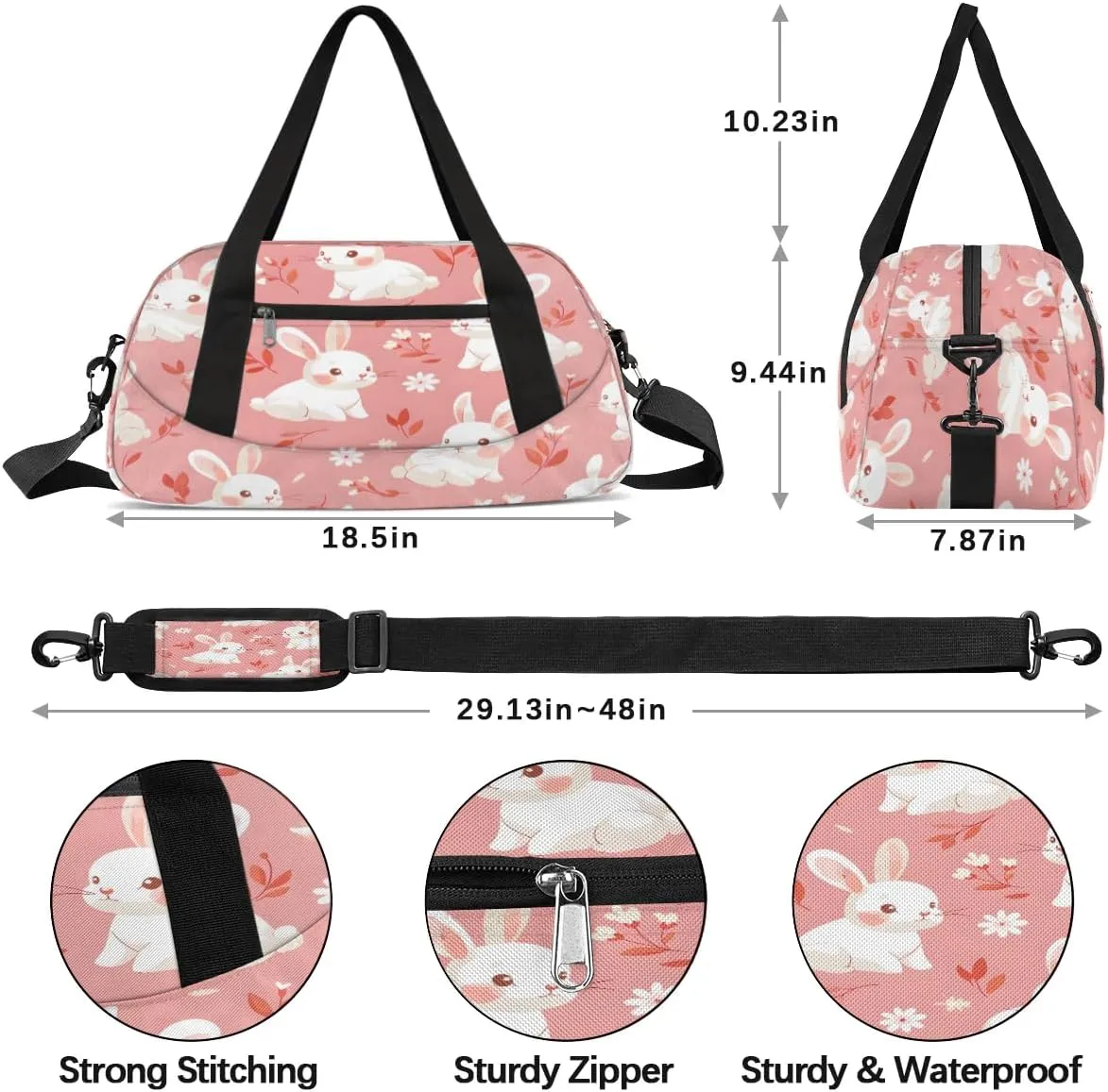 Sport Duffel Bag Flowers Bunny Rabbit Kids Gym Bag Weekender Overnight Bags for Boys Girls Teens Carry On Workout Travel Bag