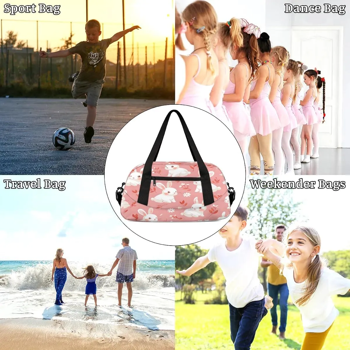 Sport Duffel Bag Flowers Bunny Rabbit Kids Gym Bag Weekender Overnight Bags for Boys Girls Teens Carry On Workout Travel Bag