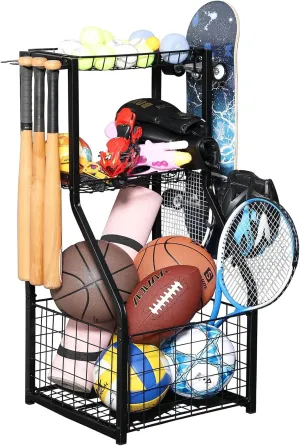 Sports Equipment Organizer for Garage - Sports Ball Storage Cart with Baseball Bats and Hooks, Indoor & Outdoor Use, Garage Organizer for Toys, Basketball, Football, Rugby