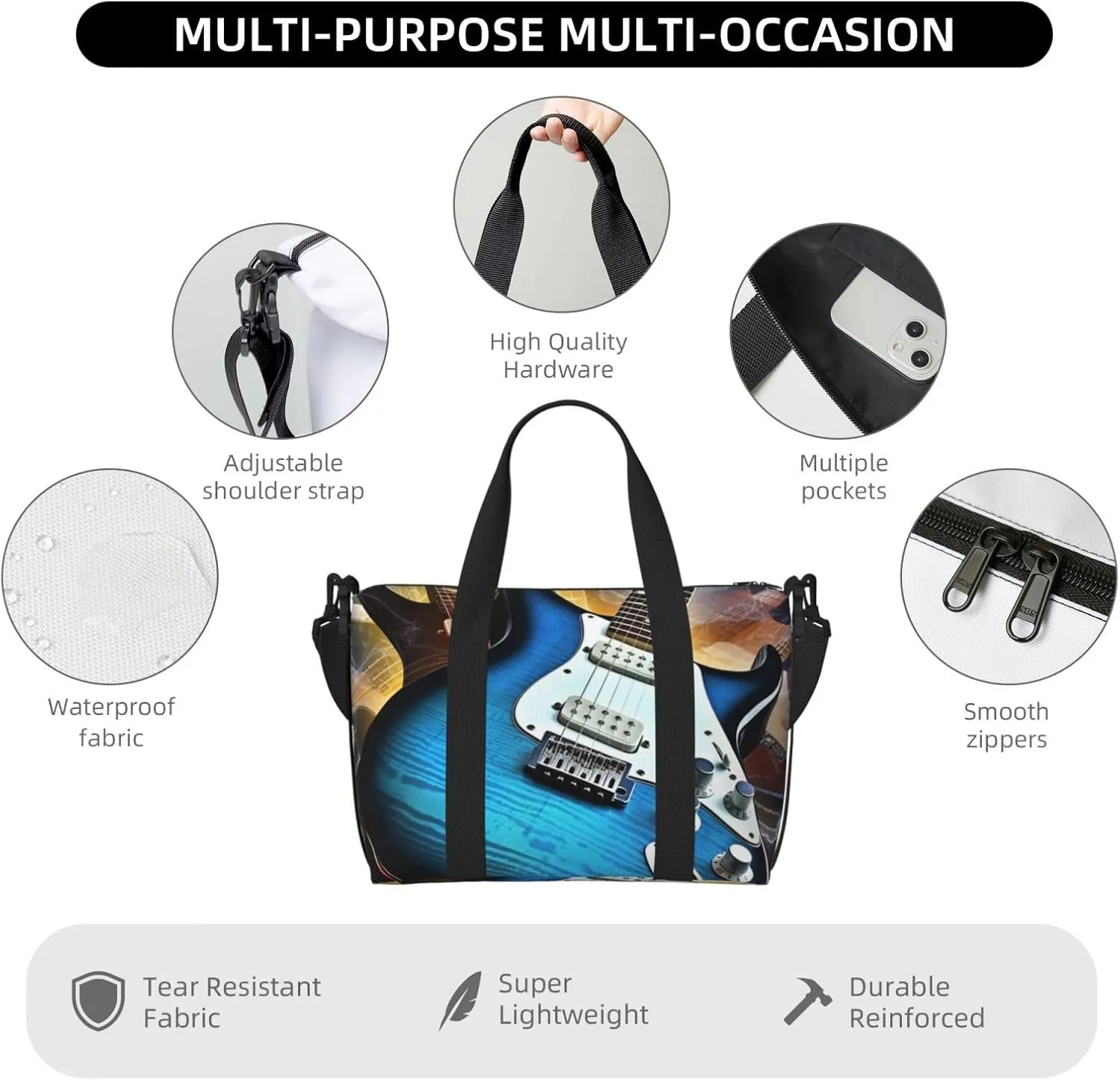 Sports Gym Bag for Women Men Travel Duffel Bag Tote Weekender Bag Carry on Overnight Bag for Travel Swimming Fitness Workout Sports Magic Electric Guitar Music Duffle Bag