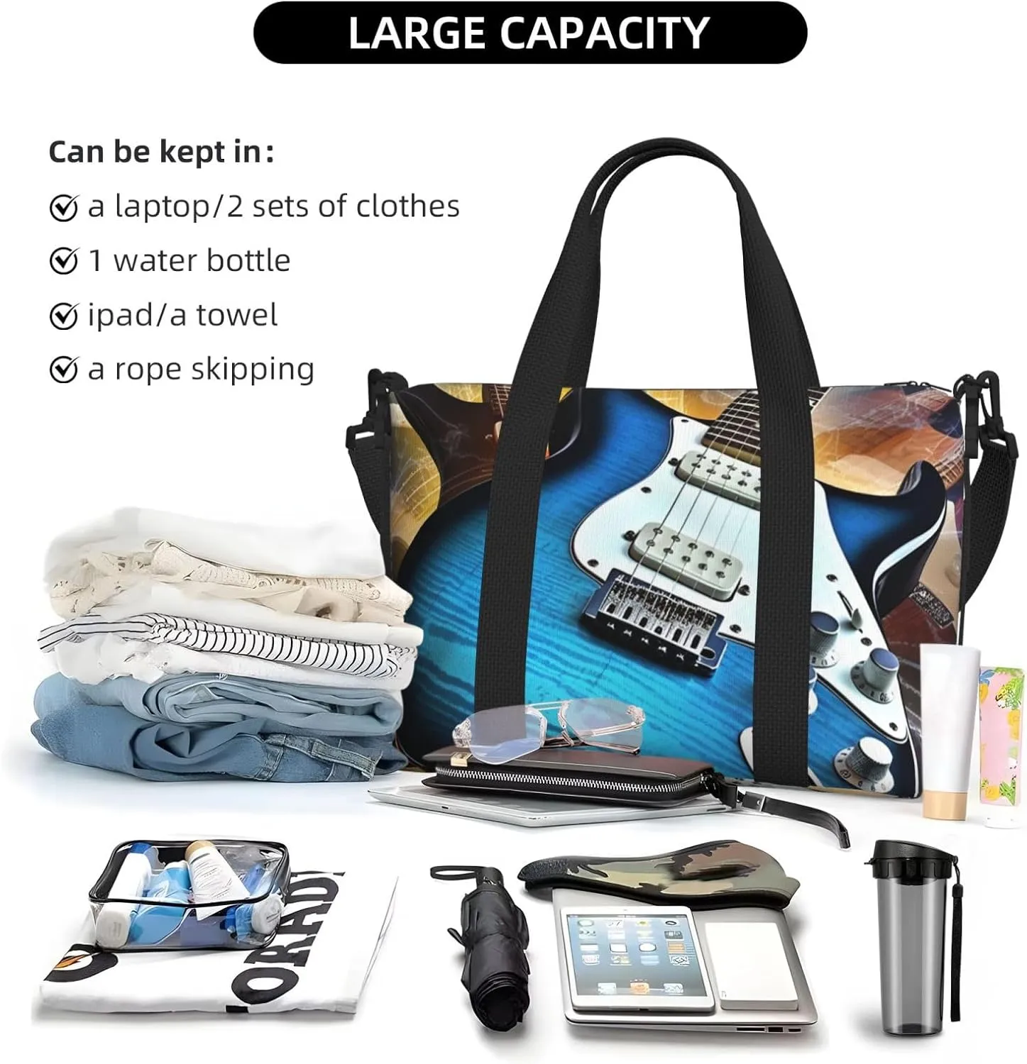 Sports Gym Bag for Women Men Travel Duffel Bag Tote Weekender Bag Carry on Overnight Bag for Travel Swimming Fitness Workout Sports Magic Electric Guitar Music Duffle Bag