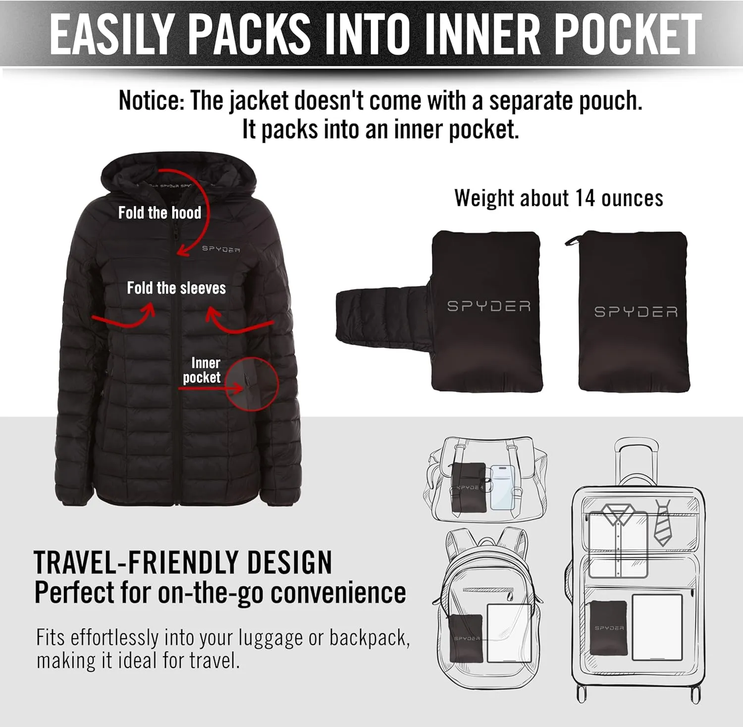 Spyder Packable Puffer Jacket Womens with Hood, Lightweight Full Zip Winter Quilted Womens Puffer Coat
