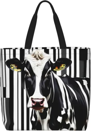 SSIMOO Cartoon Milk Cow Trendy Fashion Shopping Bags,Zippered Convenience Bag,Shopping Tote And Shoulder Bag