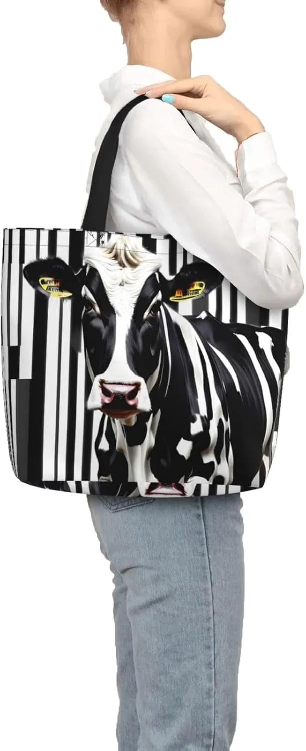 SSIMOO Cartoon Milk Cow Trendy Fashion Shopping Bags,Zippered Convenience Bag,Shopping Tote And Shoulder Bag