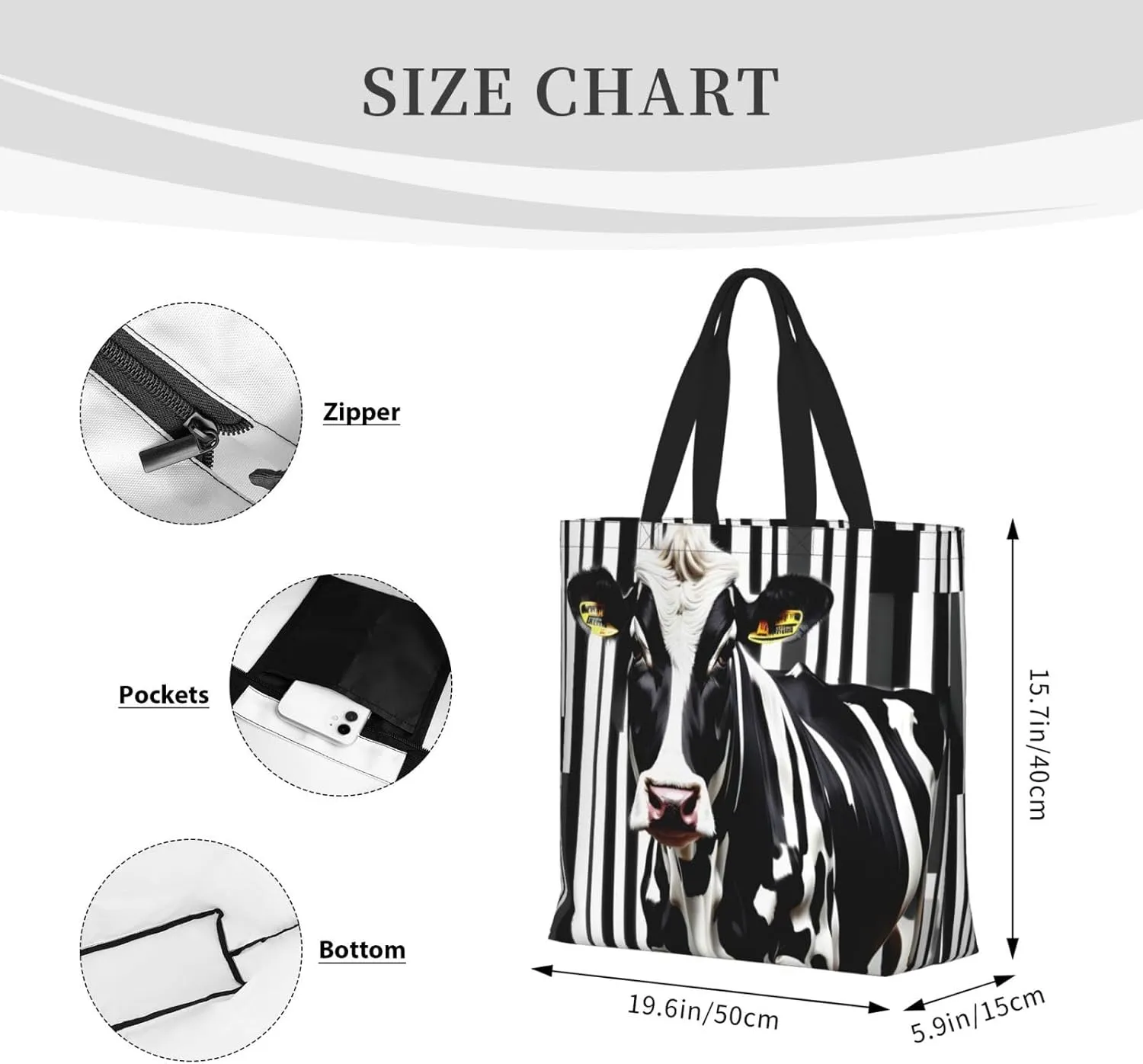 SSIMOO Cartoon Milk Cow Trendy Fashion Shopping Bags,Zippered Convenience Bag,Shopping Tote And Shoulder Bag