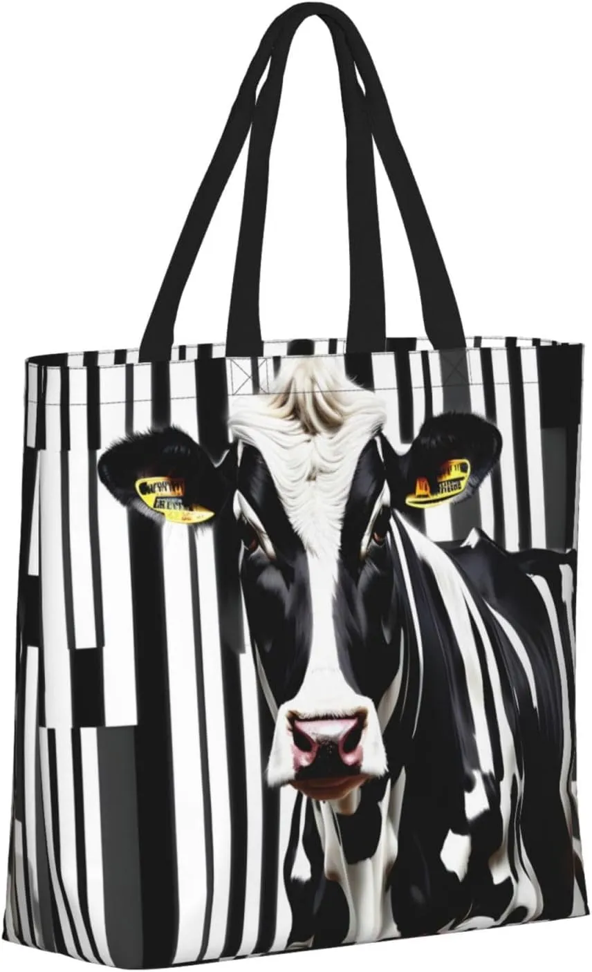 SSIMOO Cartoon Milk Cow Trendy Fashion Shopping Bags,Zippered Convenience Bag,Shopping Tote And Shoulder Bag