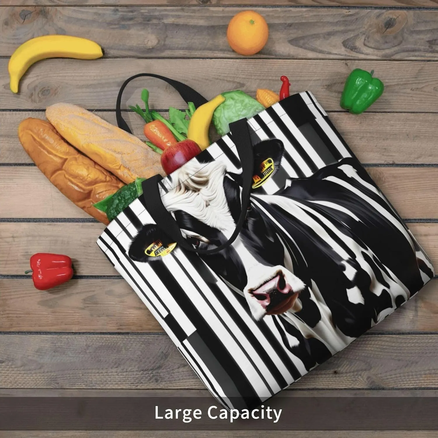 SSIMOO Cartoon Milk Cow Trendy Fashion Shopping Bags,Zippered Convenience Bag,Shopping Tote And Shoulder Bag