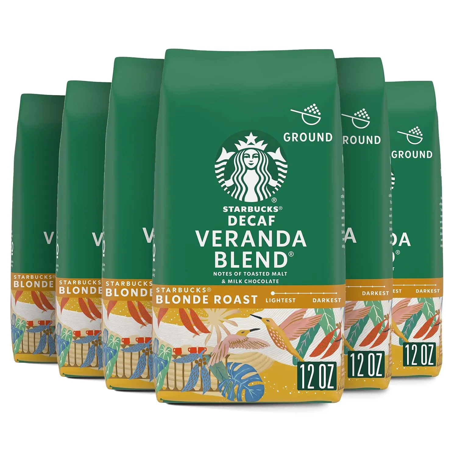 Starbucks Ground Coffee, Starbucks Blonde Roast Coffee, Decaf Veranda Blend, 100% Arabica, 6 bags (12 oz each)