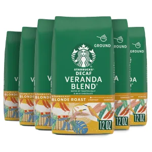 Starbucks Ground Coffee, Starbucks Blonde Roast Coffee, Decaf Veranda Blend, 100% Arabica, 6 bags (12 oz each)