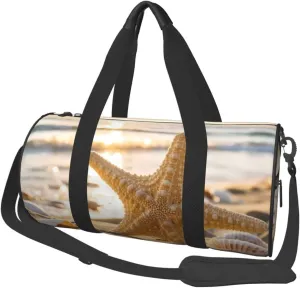 Starfish Seashell Sandy Beach Theme Print Round Large Capacity Travel Luggage Bags,Men's and Women's Hand-Held Travel Clothing Bags