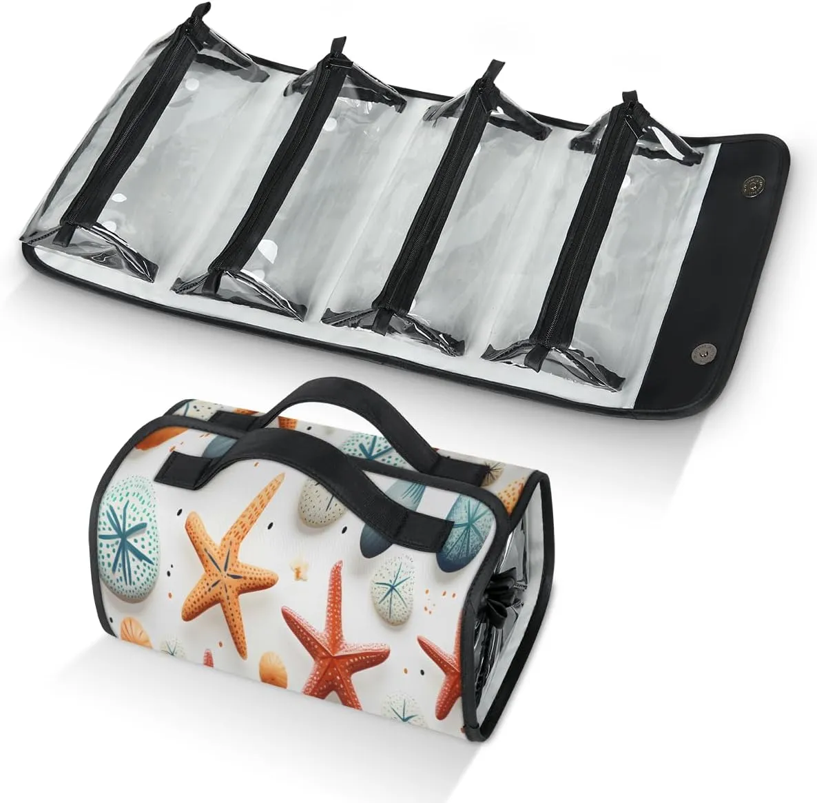Starfish Stone Travel Toiletry Bag Clear Cosmetic Bag Organizer Waterproof Foldable Makeup Bag with 4 PVC Pouches Travel Organizer Bags for Luggage Business Trip