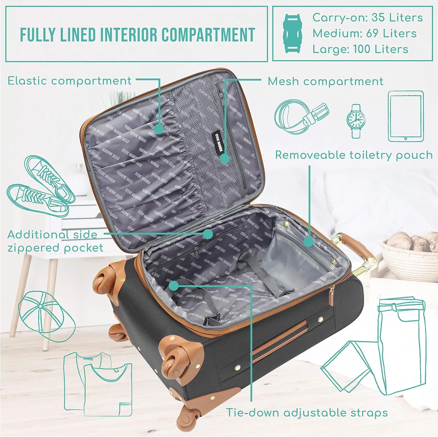 Steve Madden Designer Luggage Collection - Expandable 28 Inch Softside Bag for Men & Women - Durable Lightweight Checked Suitcase with 4-Rolling Spinner Wheels (28in, Global Black)