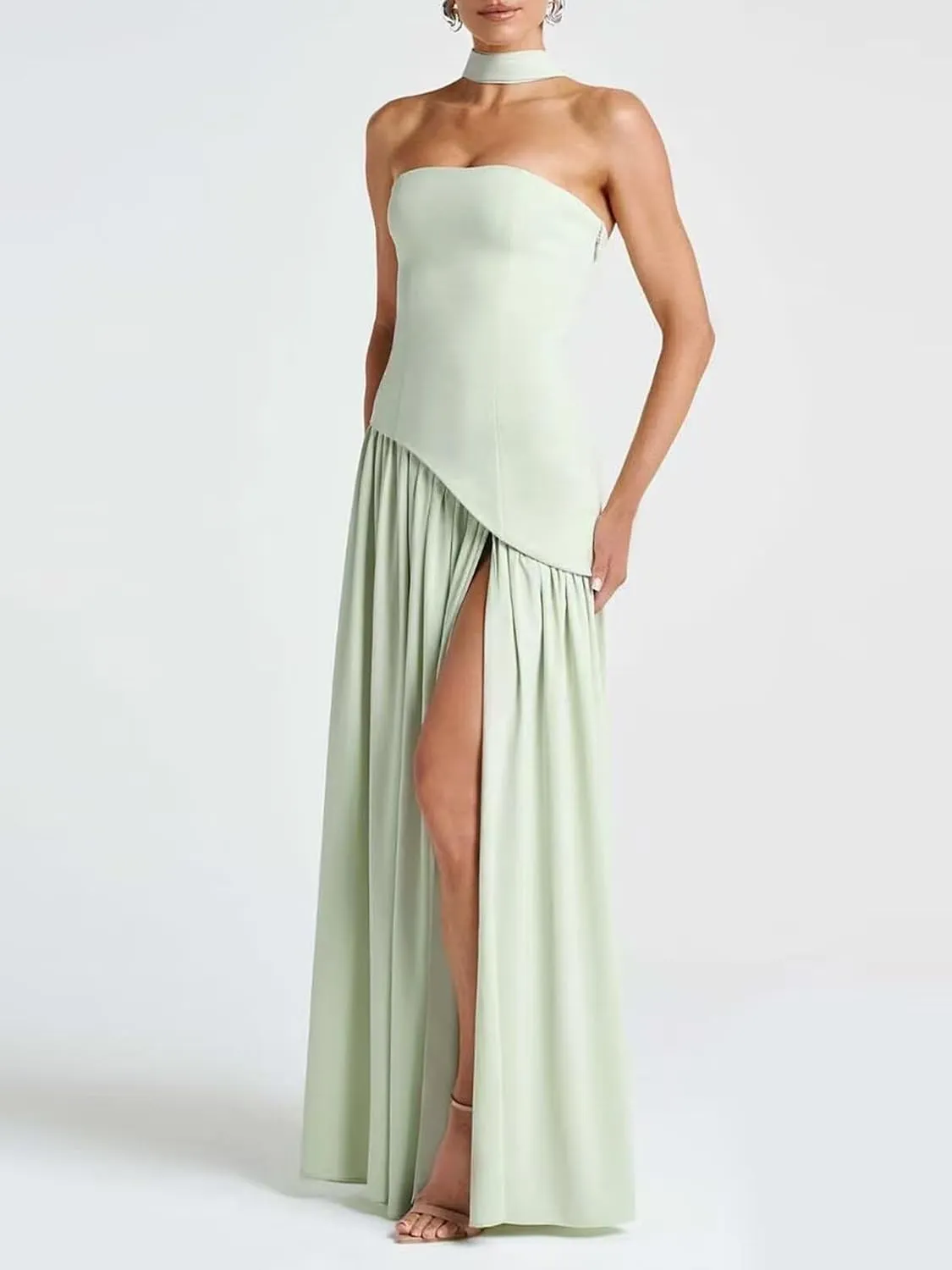Strapless Satin Bridesmaid Dresses for Women 2025 Halter A Line Prom Dress Split Pleated Formal Party Gowns with Scarf P166