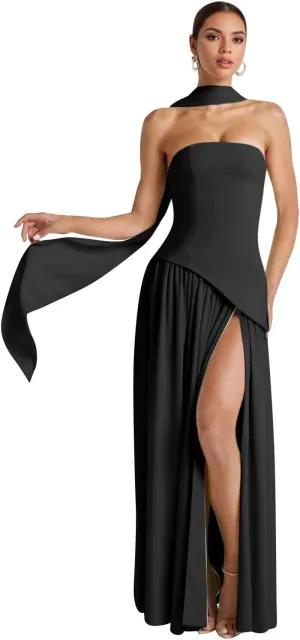 Strapless Satin Bridesmaid Dresses for Women 2025 Halter A Line Prom Dress Split Pleated Formal Party Gowns with Scarf P166