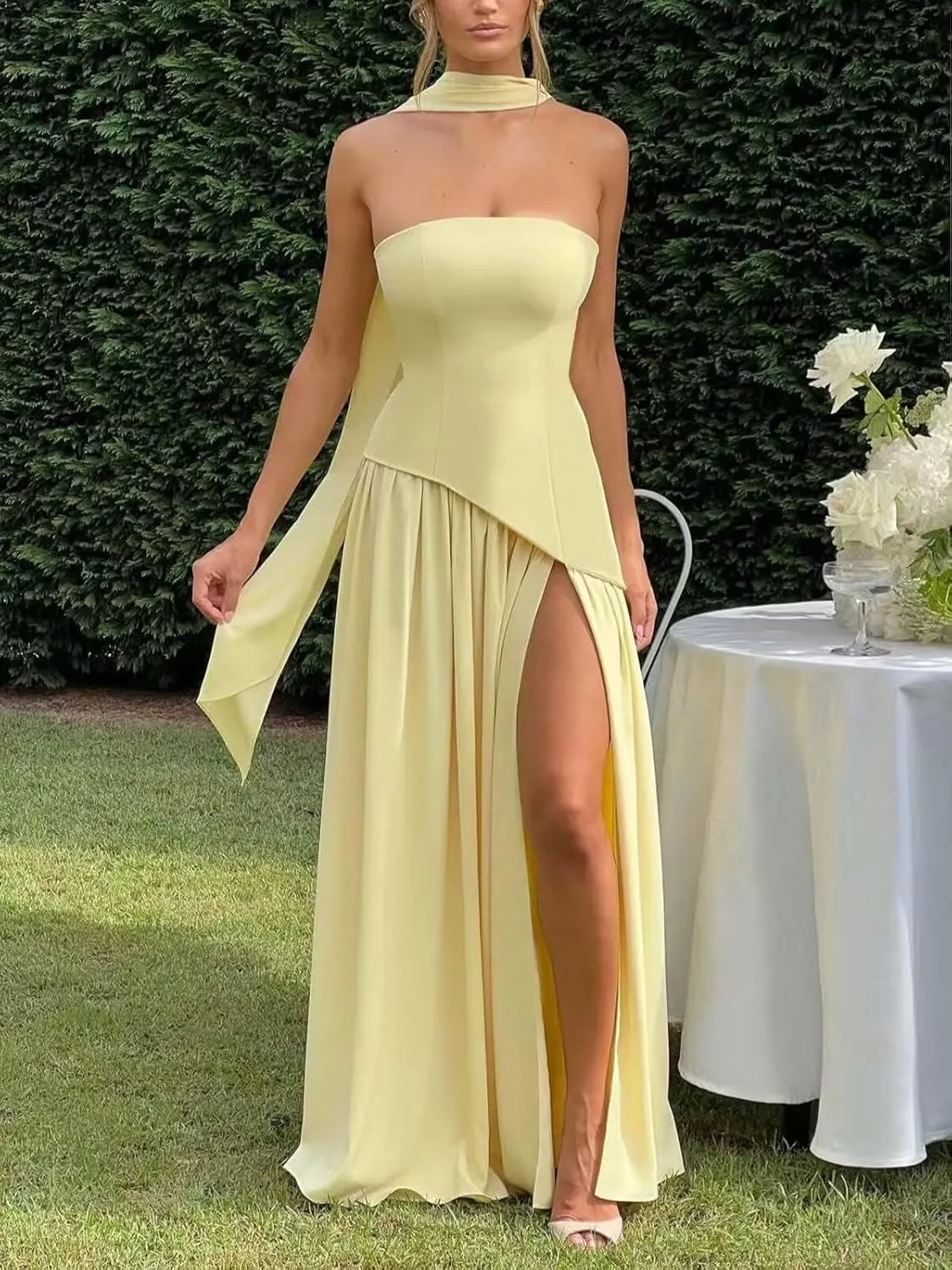 Strapless Satin Bridesmaid Dresses for Women 2025 Halter A Line Prom Dress Split Pleated Formal Party Gowns with Scarf P166