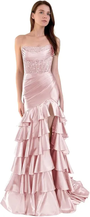 Strapless Tiered Long Prom Dresses Satin Appliques Mermaid Formal Party Dress Evening Gowns with Slit