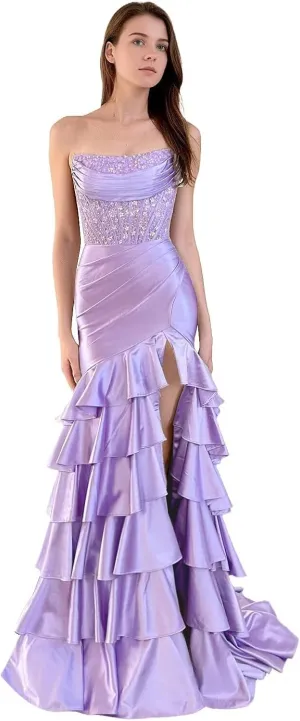 Strapless Tiered Long Prom Dresses Satin Appliques Mermaid Formal Party Dress Evening Gowns with Slit