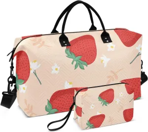 Strawberries Leaves and Flowers Travel Duffle Bag, Large Weekender Overnight Bags for Women Men Waterproof Carry on Shoulder Tote Bags for Hospital Maternity Mommy Gym with Toiletry Bag