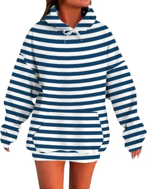 Striped Sweatshirts Women Long Sleeve Drawstring Athletic Hoodies Pullover Sweater Tops Preppy Clothes Fall Outfits