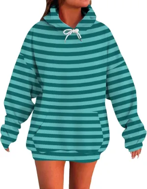Striped Sweatshirts Women Long Sleeve Drawstring Athletic Hoodies Pullover Sweater Tops Preppy Clothes Fall Outfits