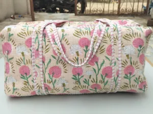 Stylish Indian Pure Cotton Very Nice Quilted Duffle Bag Block Printed Handmade Multiuse Shopping Duffle Bag.
