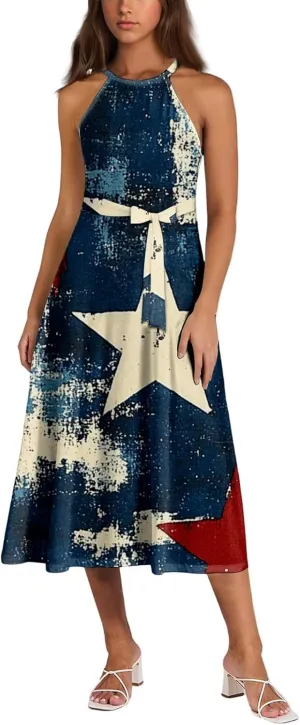 Summer Dresses for Women 2025 Trendy 4Th of July Halter Neck Tie Waist Aline Flowy Midi Sundress with Belt,S-2XL