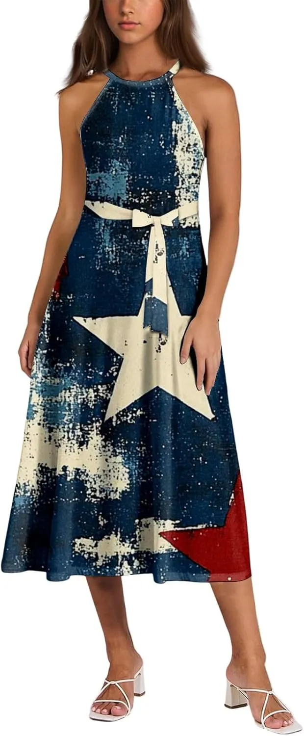 Summer Dresses for Women 2025 Trendy 4Th of July Halter Neck Tie Waist Aline Flowy Midi Sundress with Belt,S-2XL
