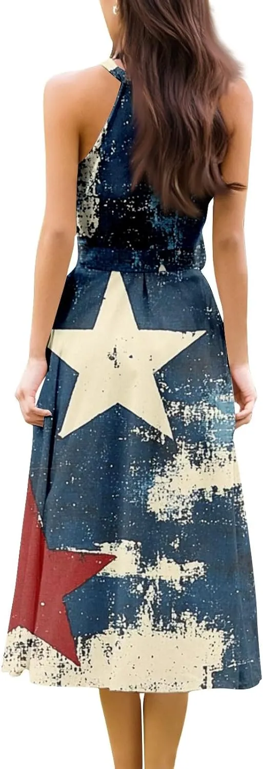 Summer Dresses for Women 2025 Trendy 4Th of July Halter Neck Tie Waist Aline Flowy Midi Sundress with Belt,S-2XL