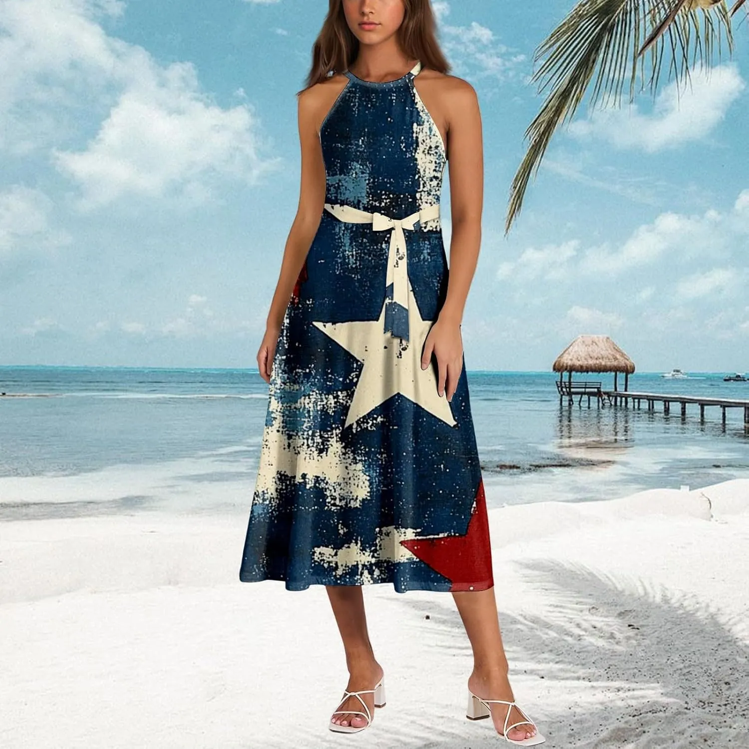 Summer Dresses for Women 2025 Trendy 4Th of July Halter Neck Tie Waist Aline Flowy Midi Sundress with Belt,S-2XL