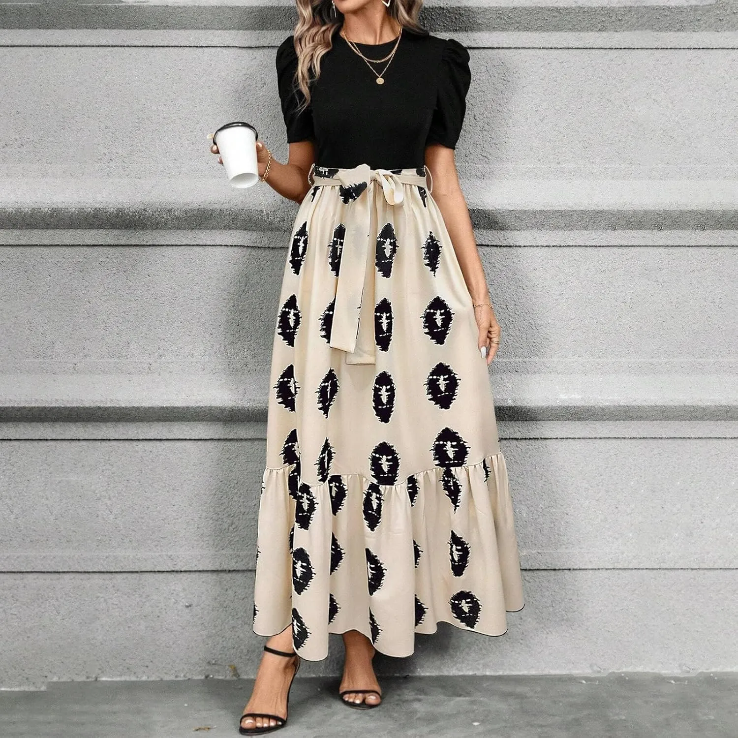 Summer Maxi Dresses for Women 2025 Elegant Short Sleeve Crewneck Floral Patchwork Tie Wasit Flowy Semi-Formal Dress,S-2XL
