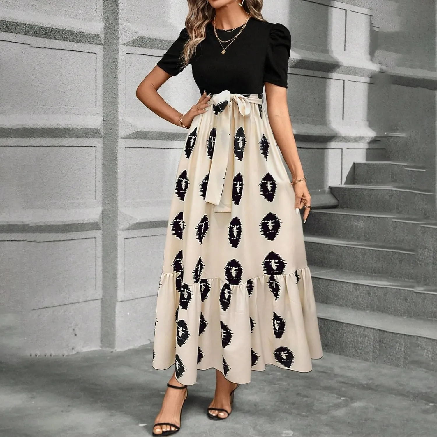 Summer Maxi Dresses for Women 2025 Elegant Short Sleeve Crewneck Floral Patchwork Tie Wasit Flowy Semi-Formal Dress,S-2XL