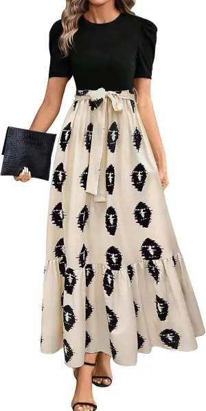 Summer Maxi Dresses for Women 2025 Elegant Short Sleeve Crewneck Floral Patchwork Tie Wasit Flowy Semi-Formal Dress,S-2XL