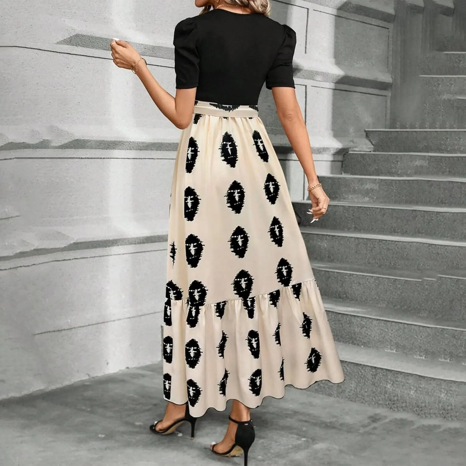 Summer Maxi Dresses for Women 2025 Elegant Short Sleeve Crewneck Floral Patchwork Tie Wasit Flowy Semi-Formal Dress,S-2XL