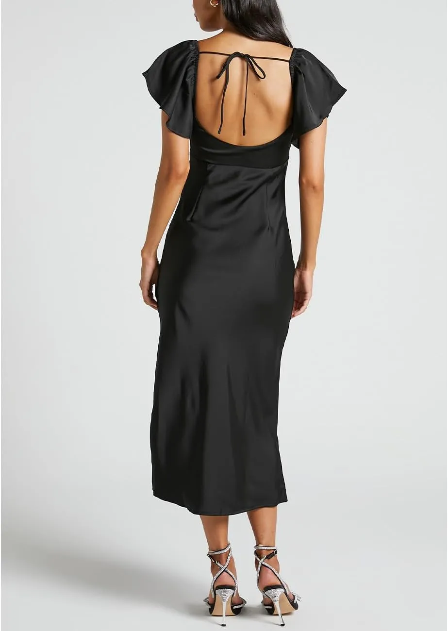 Summer Satin Flutter Sleeve Wedding Guest Dresses for Women Sweetheart Neckline Cutout Tie Back Midi Cocktail Dress