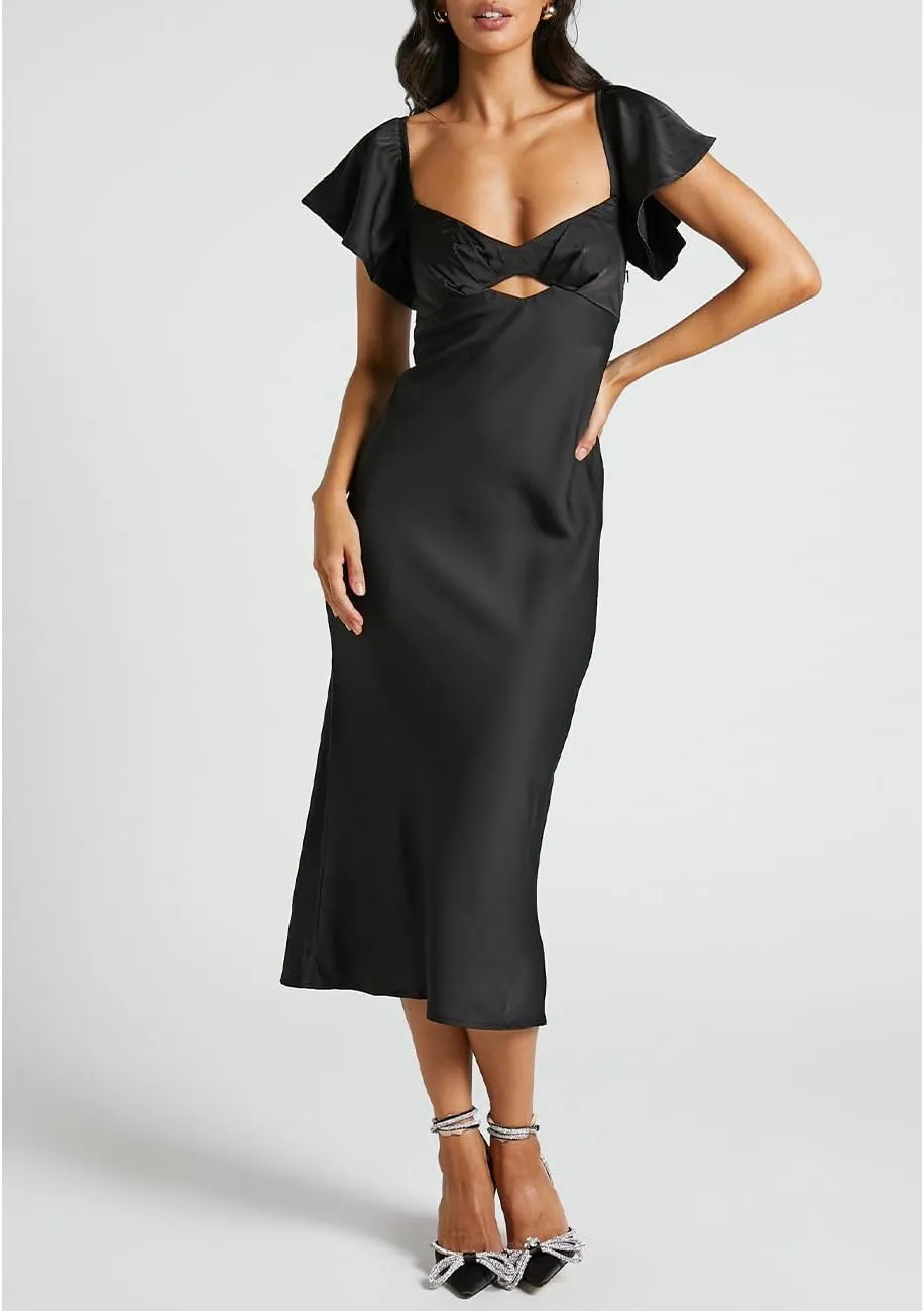 Summer Satin Flutter Sleeve Wedding Guest Dresses for Women Sweetheart Neckline Cutout Tie Back Midi Cocktail Dress