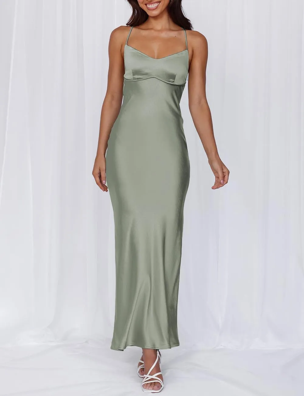Summer Sexy Satin Spaghetti Strap Maxi Dress for Women Backless Sleeveless Slit Tie Back Cocktail Dresses Wedding Guest