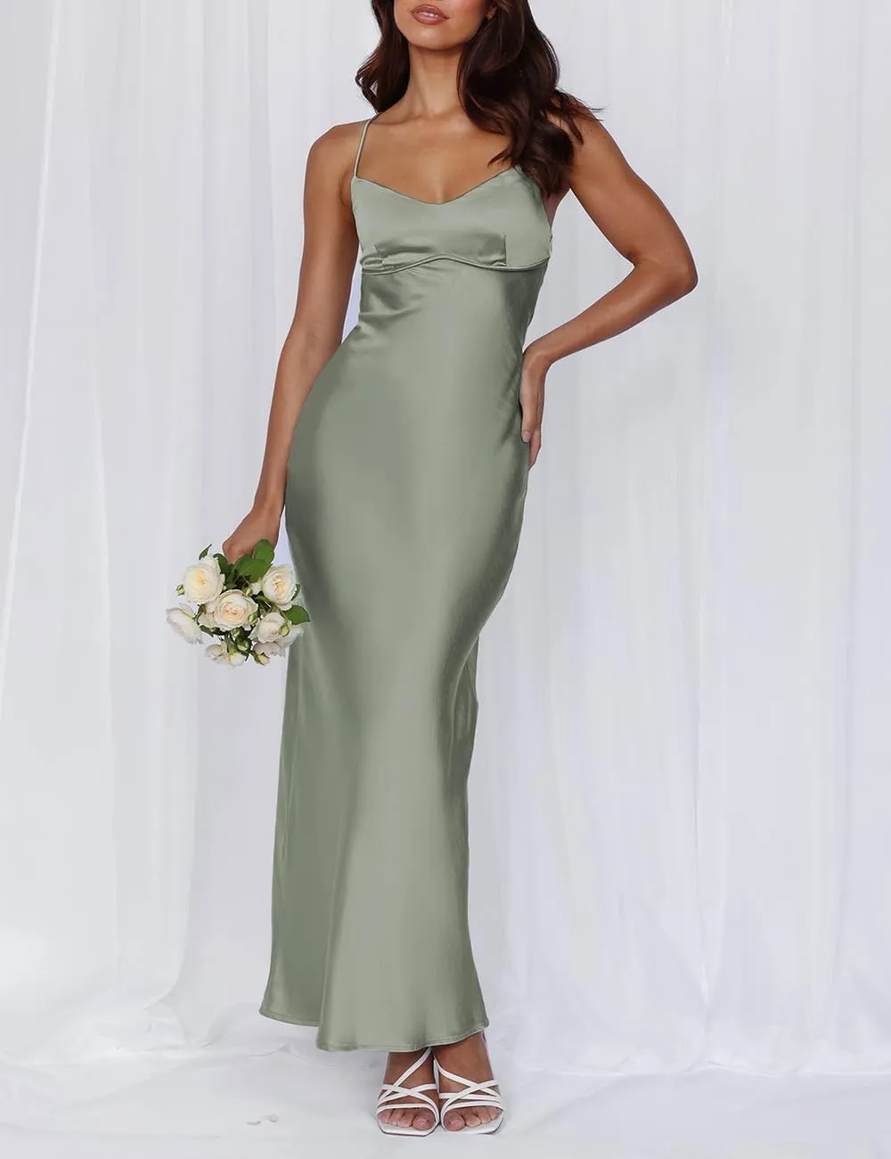 Summer Sexy Satin Spaghetti Strap Maxi Dress for Women Backless Sleeveless Slit Tie Back Cocktail Dresses Wedding Guest