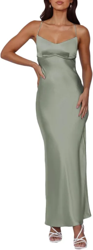 Summer Sexy Satin Spaghetti Strap Maxi Dress for Women Backless Sleeveless Slit Tie Back Cocktail Dresses Wedding Guest