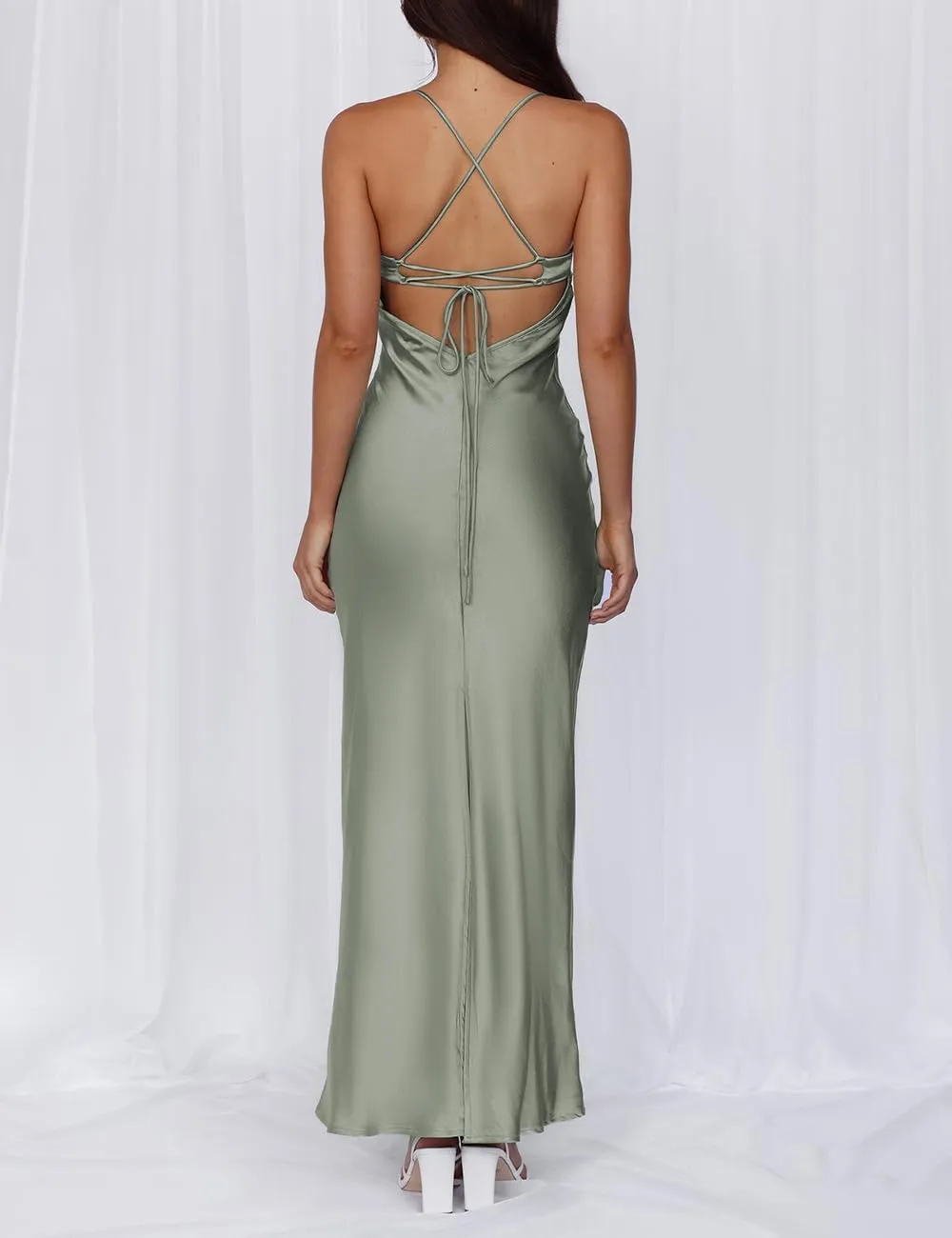 Summer Sexy Satin Spaghetti Strap Maxi Dress for Women Backless Sleeveless Slit Tie Back Cocktail Dresses Wedding Guest