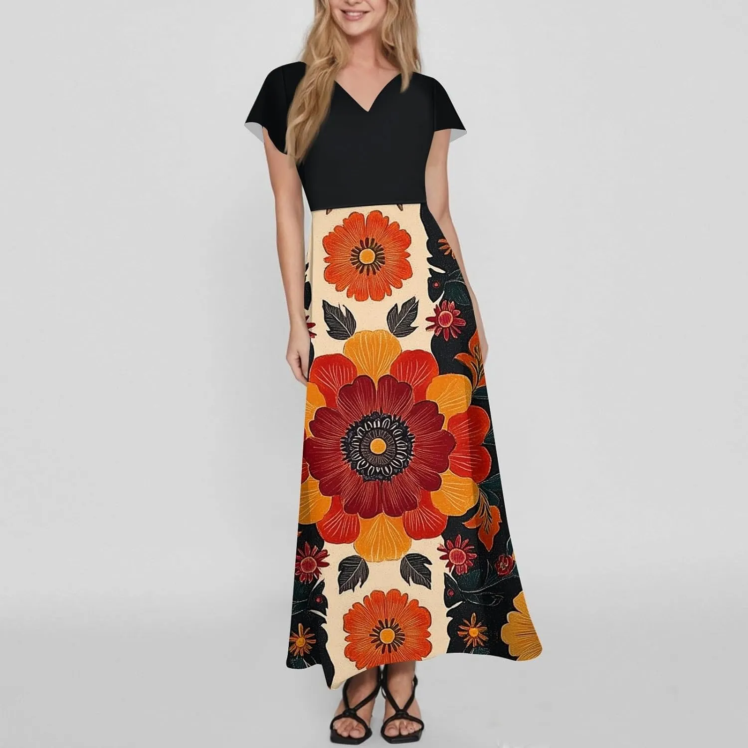 Summer Wedding Guest Dresses for Women Floral V-Neck Ruffle Short Sleeve Casual Aline Swing Sundress,XS-2XL