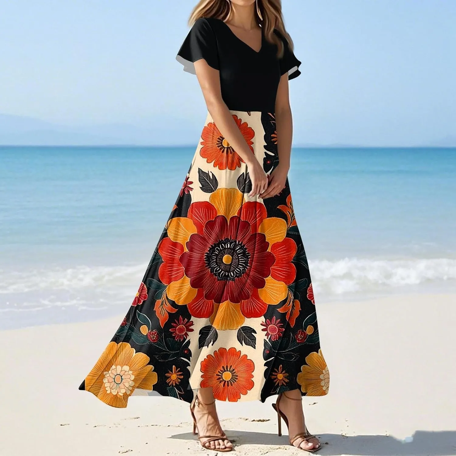 Summer Wedding Guest Dresses for Women Floral V-Neck Ruffle Short Sleeve Casual Aline Swing Sundress,XS-2XL