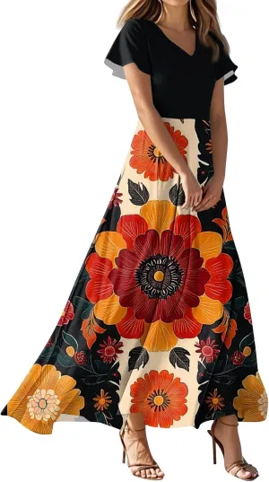 Summer Wedding Guest Dresses for Women Floral V-Neck Ruffle Short Sleeve Casual Aline Swing Sundress,XS-2XL