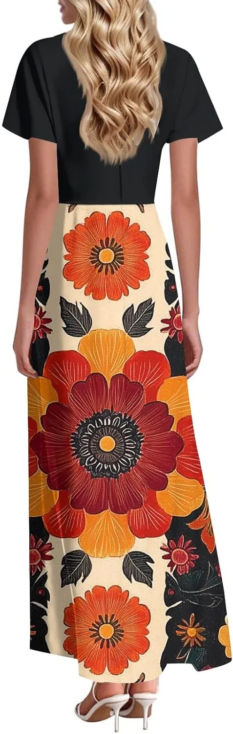 Summer Wedding Guest Dresses for Women Floral V-Neck Ruffle Short Sleeve Casual Aline Swing Sundress,XS-2XL