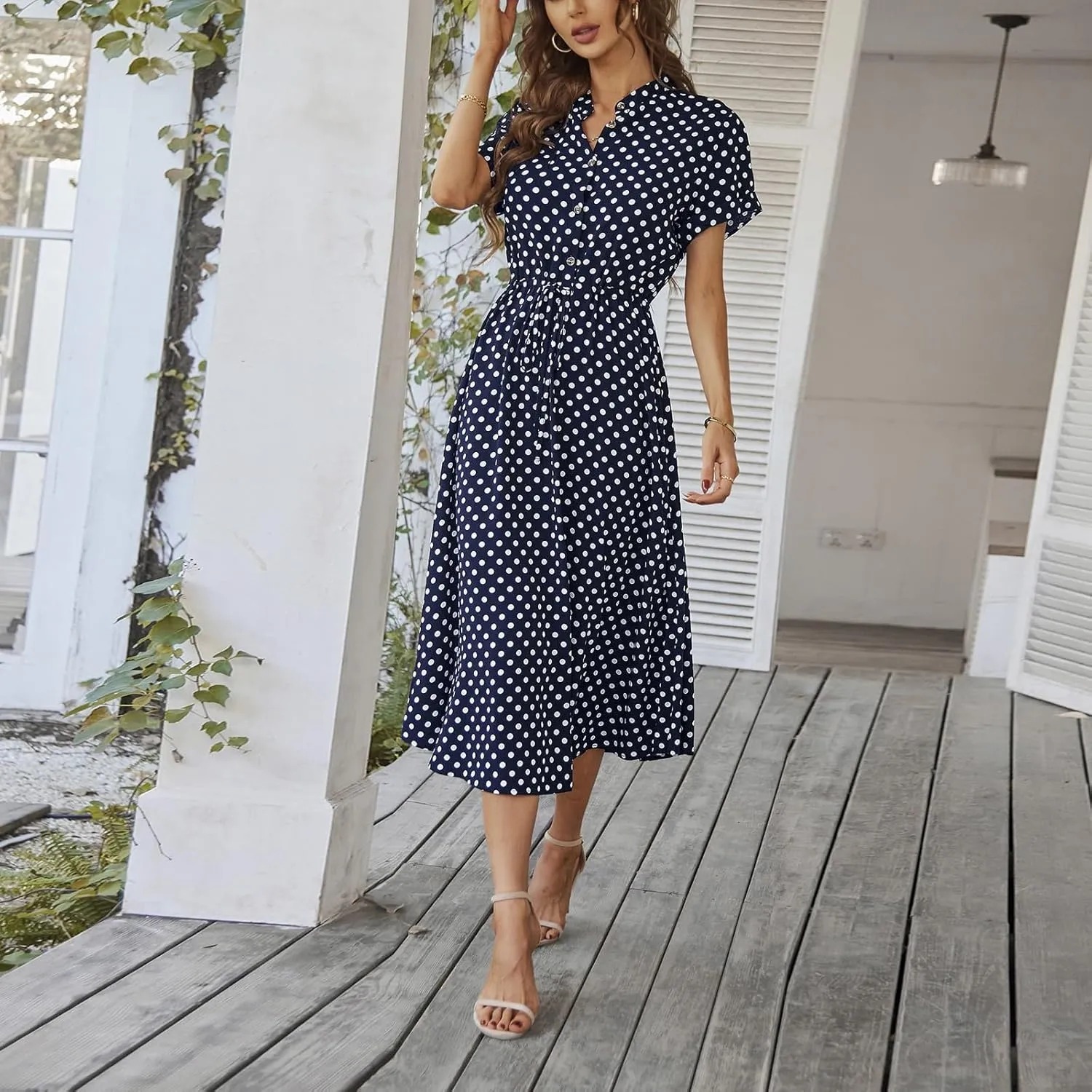 Summer Work Dresses for Women 2025 Polka Dot V Neck Button Down Short Sleeve Tie Wasit Aline Ruffle Resort Long Dresses,S-2XL